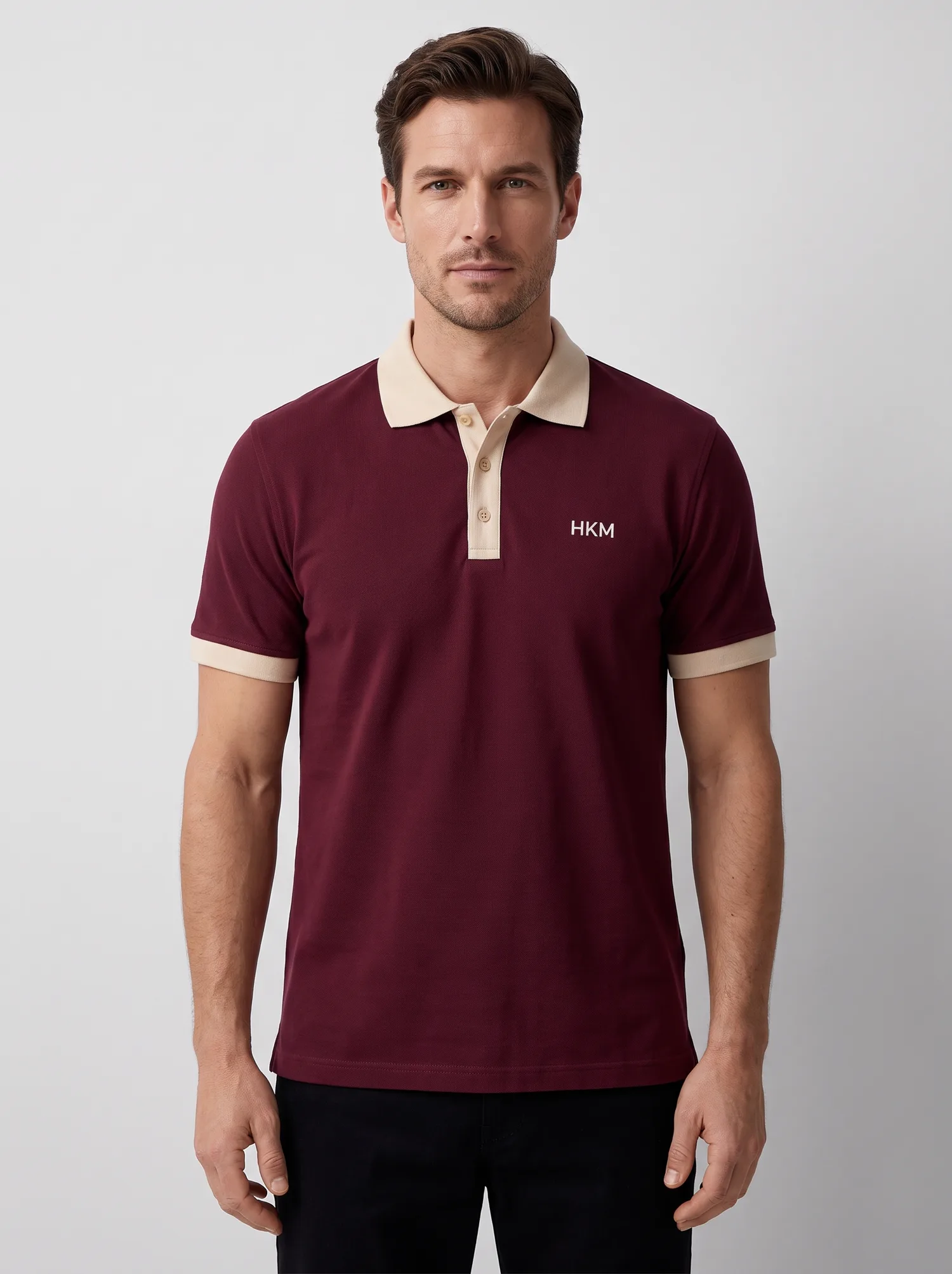 Bej Detaylı Polo Yaka Tişört, Bordo / Bej