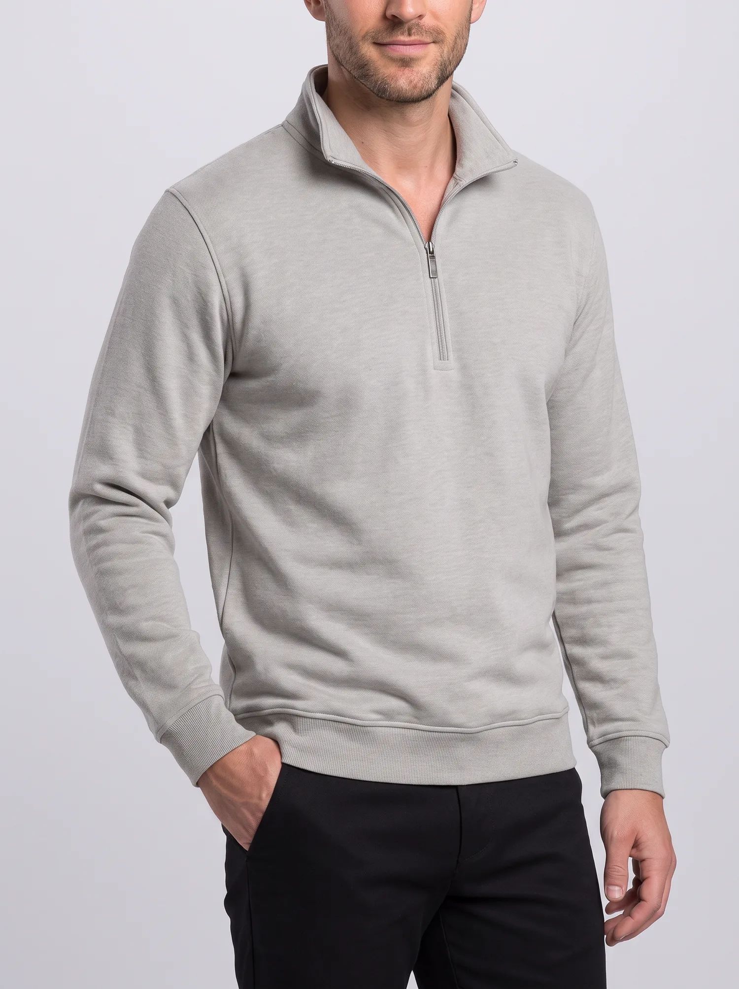 Yarım Fermuarlı Sweatshirt, Açık Gri